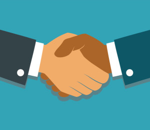 Vector handshake illustration. Background for business and finance. Flat style